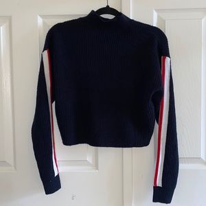 NWOT H&M Navy Blue Mock Neck Striped Sleeve Sweater